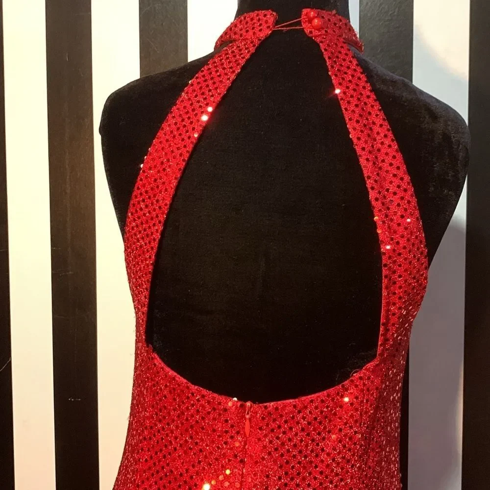 Sexy Retro Vintage 90s Red Sequin Floor Length Formal Gown Halter Neck Leg Slit - Picture 12 of 16